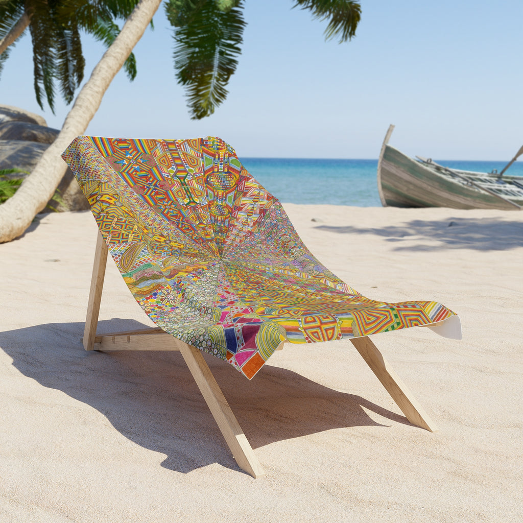 Psychedelic Mosaic Beach Towel — Vibrant Geometric Sunburst Pattern