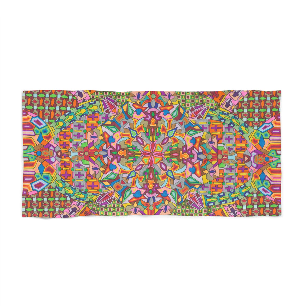 Psychedelic Mosaic Beach Towel — Vibrant Geometric Sunburst Pattern - Artwork 10