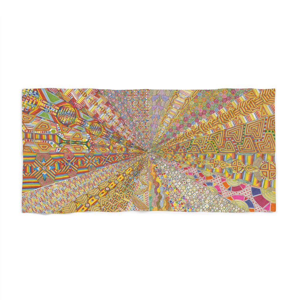 Psychedelic Mosaic Beach Towel — Vibrant Geometric Sunburst Pattern